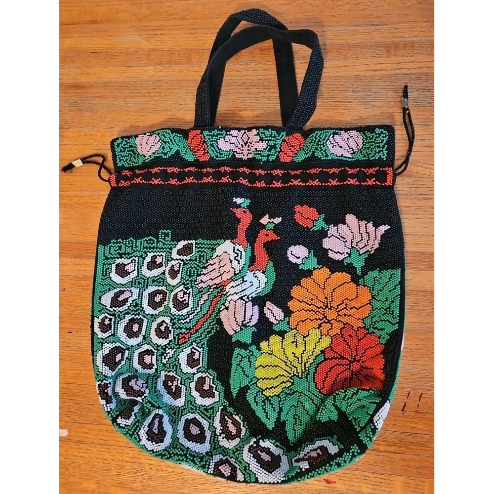 Vintage Handcrafted Beaded Peacock Floral Tote Bag - Black Multicolor